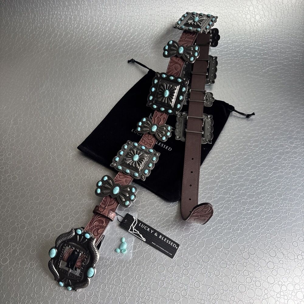 NWT Lucky & Blessed Turquoise Concho Tool Leather Belt - M Runs Bigger Dust Bag